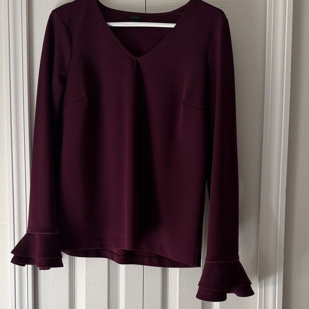 Ann Taylor Deep Burgundy Ruffle Sleeve Blouse